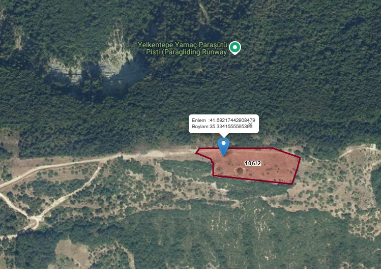 Yelken Tepe yamaç paraşütü kalkış alanının TKGM Parsel Sorgu uydu görünümü